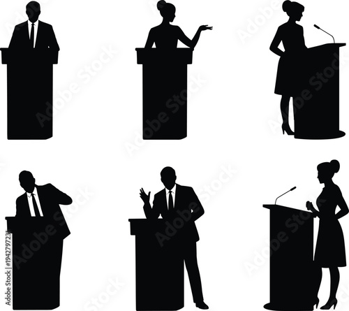 Silhouettes of People Speaking at Podiums in Various Poses woman speaker