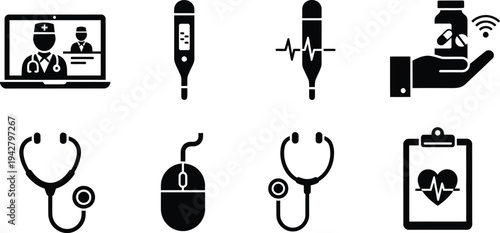 Telemedicine and Digital Healthcare Icon Set for Online Doctor Consultation, Remote Medical Monitoring, E-health Platforms, and Pharmacy Delivery - Scalable Black Vector Illustrations