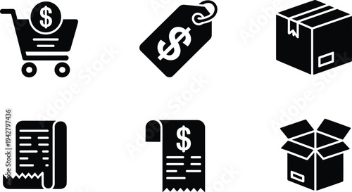 Six Black Icons Representing Shopping and Delivery Services shopping cart dollar sign
