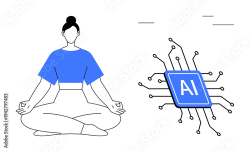 Mindfulness, AI technology, digital well-being, human-machine interaction, meditation, and innovation. Woman meditating next to an AI chip. Mindfulness and AI technology concept