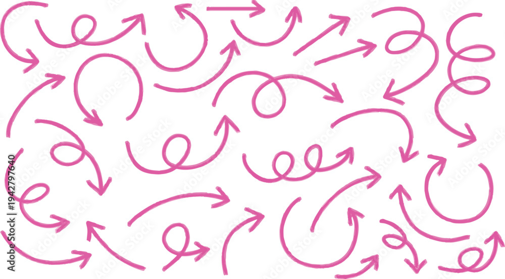 Obraz premium Hand Drawn Pink Scribble Arrows Set. Curved Spiral. Wavy Direction Pointer Doodle Navigation Icons for Presentation Infographic Design Vector