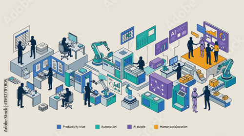 Future Workplace Automation with Collaborative Robots and AI Assistants Supporting Human Workforce – Vector Illustration