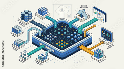 Corporate Data Lake Architecture with Enterprise Data Pipelines, Storage Layers and Business Analytics Flow – Vector Illustration