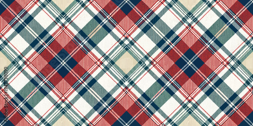 Classic plaid fabric with vibrant red, black, and white diagonal stripes Vector