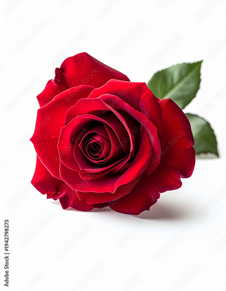 Naklejka premium Rosa roja fresca en plena floración sobre fondo blanco neutro con iluminación de estudio. Imagen elegante y minimalista que simboliza amor, romance y belleza natural.