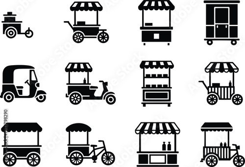 A set of vector line art silhouettes featuring various food carts and tuk tuks in a bundle