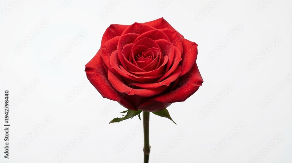 Fototapeta premium Rosa roja fresca en plena floración sobre fondo blanco neutro con iluminación de estudio. Imagen elegante y minimalista que simboliza amor, romance y belleza natural.