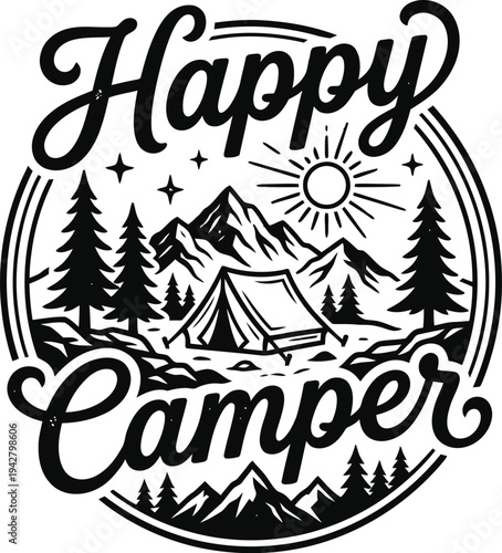 Happy camper in mountain landscape vector illustration with tent and trees flat design