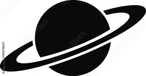 Stylized black silhouette icon of planet Saturn with rings space galaxy