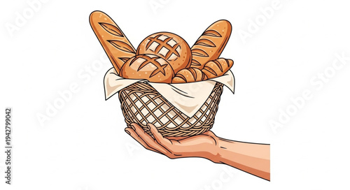 Hand holding basket with bread.