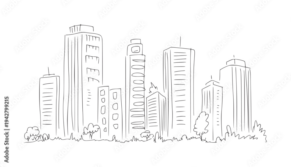 Fototapeta premium Black and white line of a city skyline with buildings and trees