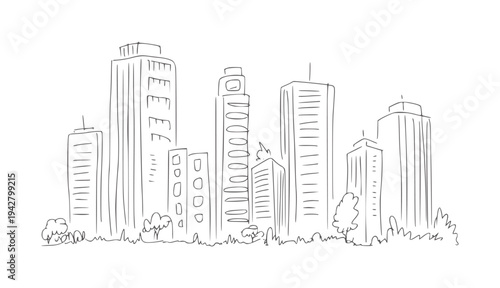 Black and white line of a city skyline with buildings and trees