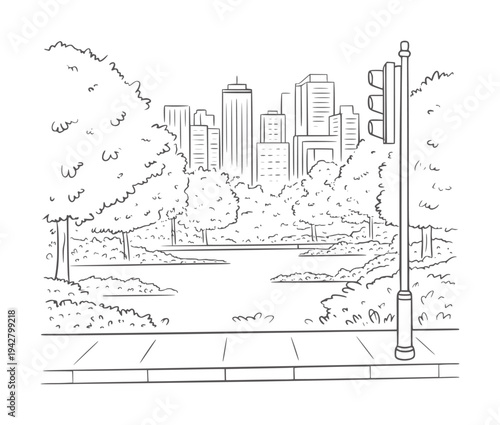 Black and white line of a city park with a skyline and traffic light