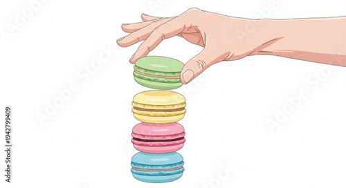 Hand holding colorful macarons stack.