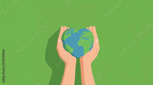 Flat vector graphic of a pair of gentle hands cradling a heart shaped Earth