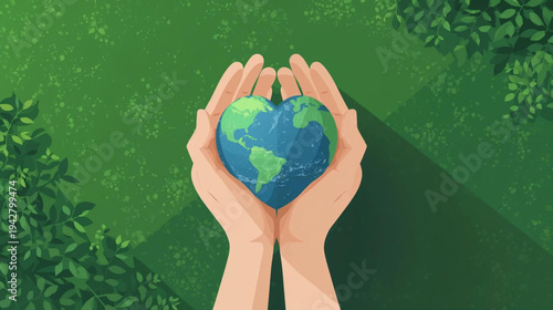 Flat vector graphic of a pair of gentle hands cradling a heart shaped Earth