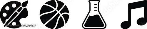 Four black icons of art, sports, science, and music vector illustration