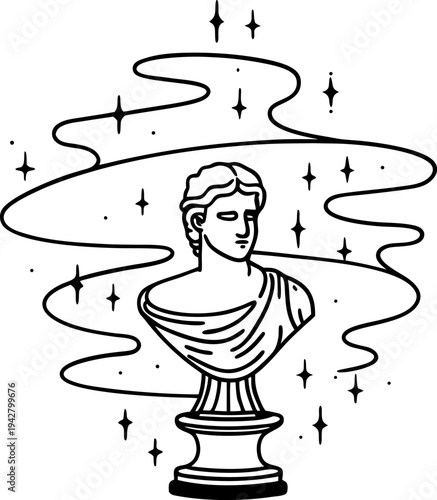 Classical marble bust of serene greek statue surrounded by magical swirling stardust, elegant minimalist line art illustration