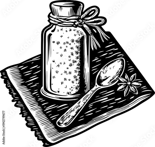 Glass jar filled with salt and tied with rope, wooden spoon and star anise on cloth napkin, culinary seasoning and spice concept