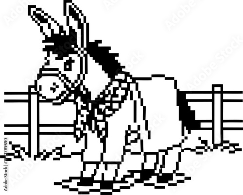 pixel art donkey standing near fence, simple black and white retro animal illustration