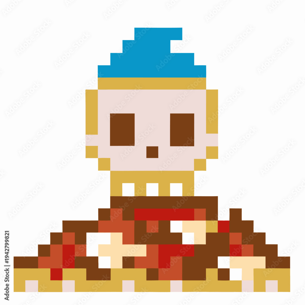 Fototapeta premium Pixel art character wearing blue hat holding pile of colorful pixelated books or items in retro video game