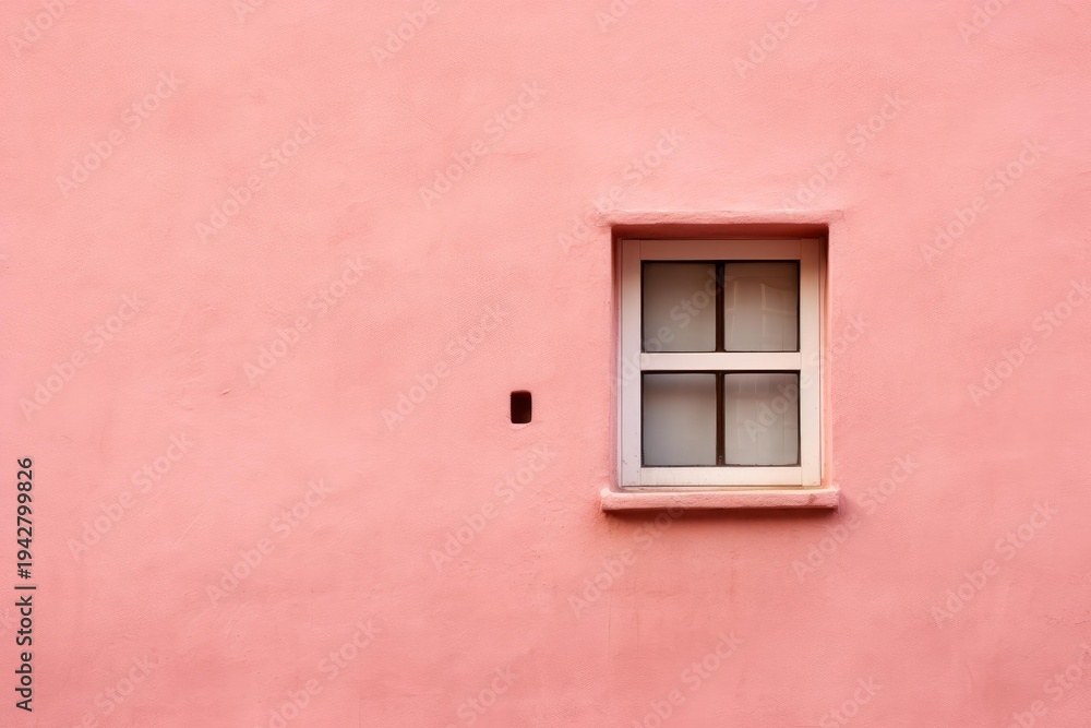 Fototapeta premium Pink stucco facade with a contrasting white window frame and dark opening