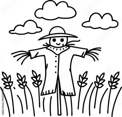 Scarecrow standing in field with sun hat and coat, plants growing below under cloudy sky