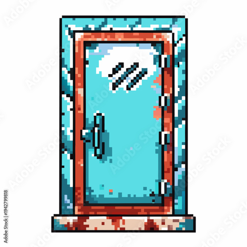 old rusty metal door with window and latch in pixel art style, vintage industrial entrance design