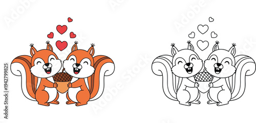 Cute couple of cartoon squirrels holding an acorn with hearts. Color illustration and black and white line art perfect for kids coloring book page or Valentine's Day card.