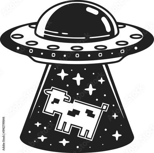 Ufo abducting cow in beam of light surrounded by stars alien spaceship with dome and circular lights