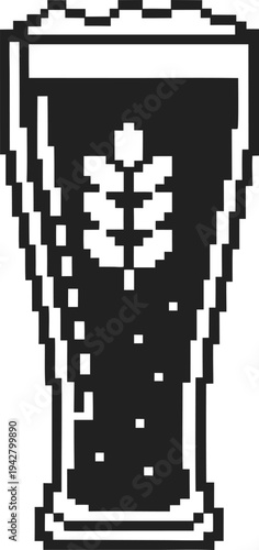 Pixel art beer glass with froth and wheat icon, digital vintage illustration for beverage design