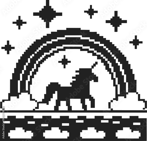Pixel art unicorn under rainbow with clouds and stars in monochrome retro