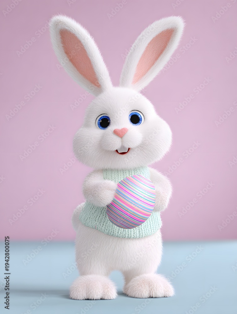 Obraz premium A cartoon bunny stands with a colorful egg in its hands