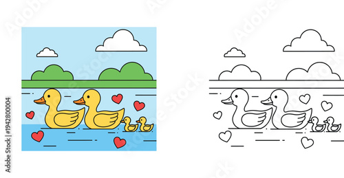 Cute duck family swimming in a pond vector illustration coloring book page for kids with colored example and black and white outline