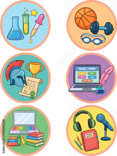 Back to school education supplies and sports equipment flat design vector illustration set