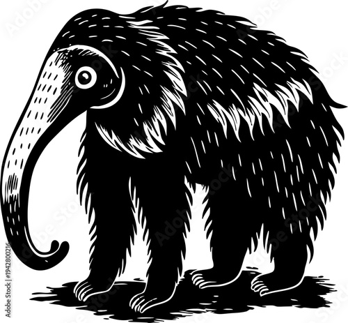 black and white illustration of a mammoth with a long curved trunk and shaggy fur standing on ground
