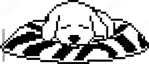 Sleeping dog on striped cushion pixel art black and white design with relaxed pet resting comfortably