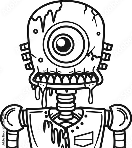 Scary zombie robot with one big eye and cracked head, creepy mechanical monster dripping slime