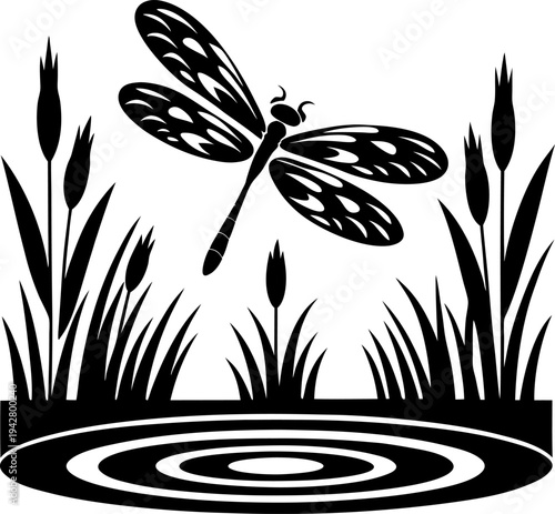 Dragonfly flying over pond with cattail reeds and tall grass silhouette nature scene