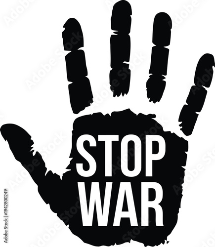 Stop war protest hand print vector illustration, anti violence activism flat design, black and white scalable graphic art