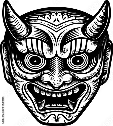 Oni mask traditional japanese demon face with horns and fierce expression in black and white