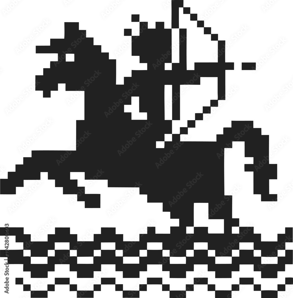 Fototapeta premium Pixelated silhouette of a medieval archer on horseback riding over wavy lines