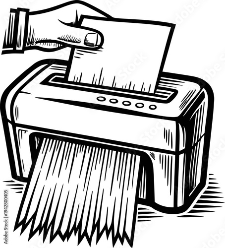 Hand feeding paper into a shredder machine destroying documents, office security concept