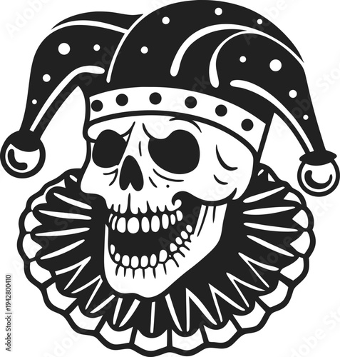 Skull wearing a jester hat and ruffled collar, spooky halloween or gothic carnival design