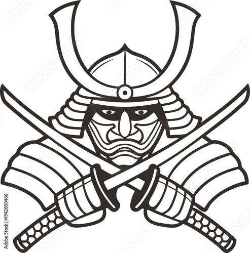 Samurai warrior emblem with traditional helmet and crossed katana swords in black and white line art