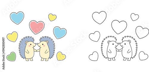 Cute hedgehogs holding hands with hearts vector illustration set. Coloring book page outline and colored version. Kawaii animal couple in love for Valentine's Day