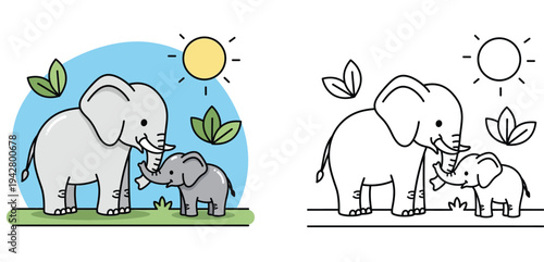 Cute cartoon elephant mother and baby vector illustration set with colored design and black and white outline for coloring book page on white background