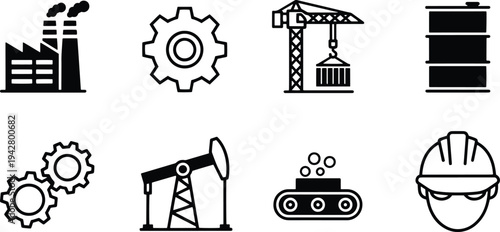 A set of industrial vector line art silhouettes including factory, gear, crane, barrel, cog, pump, tank, and hard hat