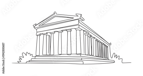 Minimalist line of a classical Greek temple with columns and pediment architecture