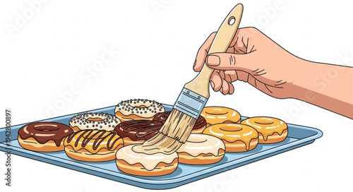 Hand Glazing Donuts with Brush.